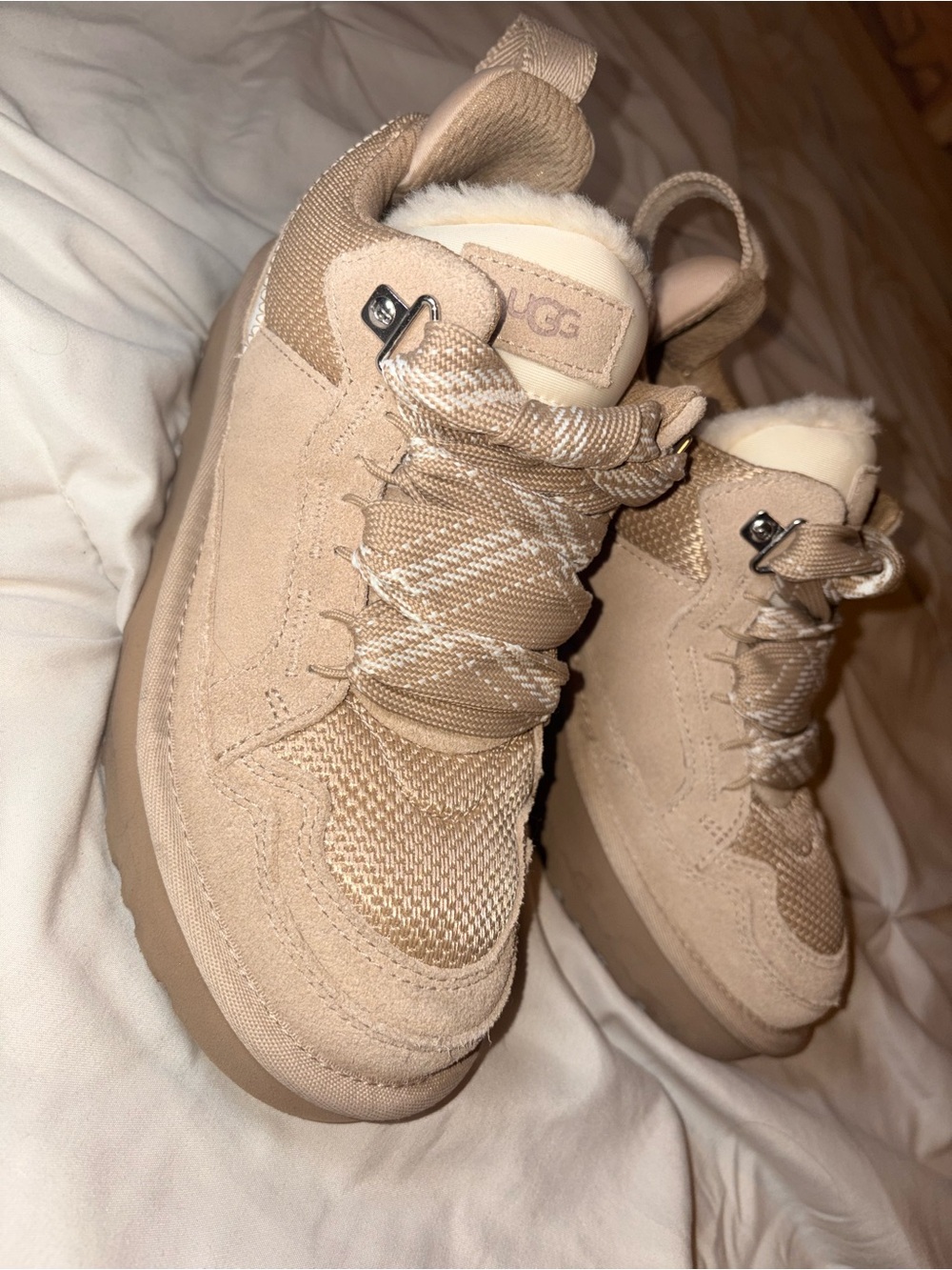 UGG Women's Tan Suede & Mesh Shearling-Trim Sneakers